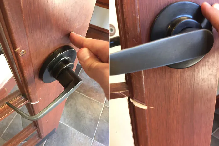 Funny design fail with a door handle positioned wrong, making it difficult to open the door.