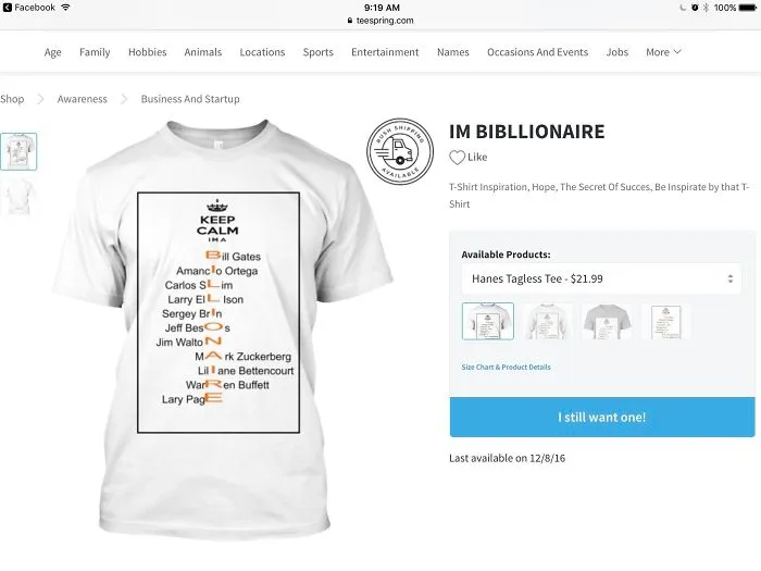 T-shirt with text design fail reading "Keep Calm I'm a Bibllionaire," showcasing misspelled billionaire names.