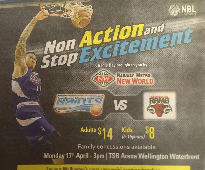 Basketball game poster with mismatched text reading "Non Action and Stop Excitement," showcasing a design fail.