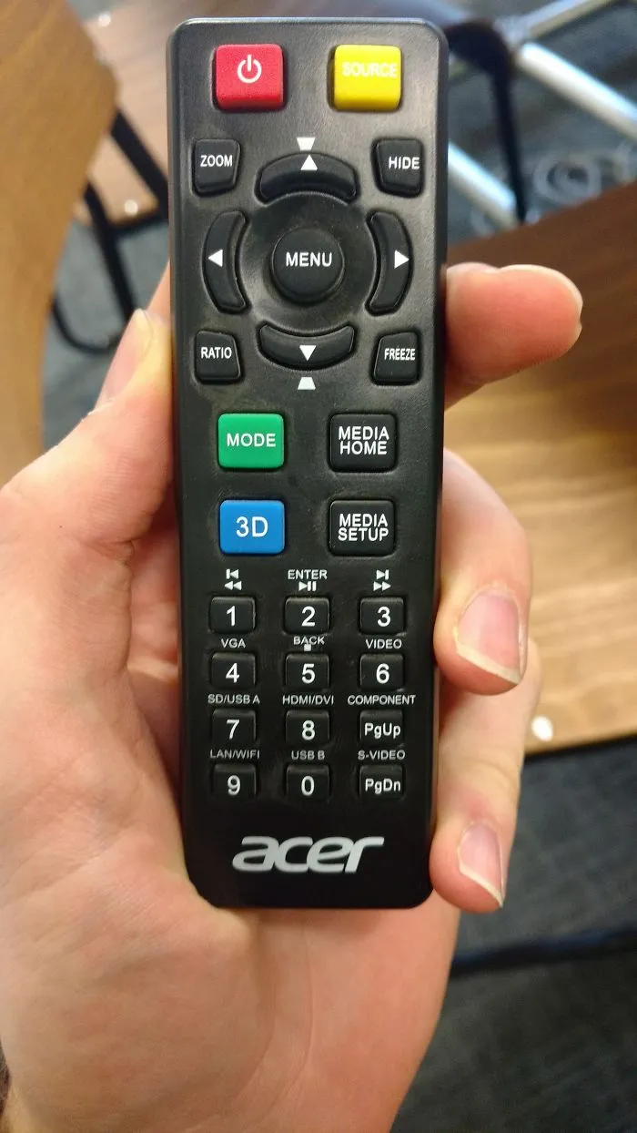 Remote control with excessive buttons, illustrating a design fail.