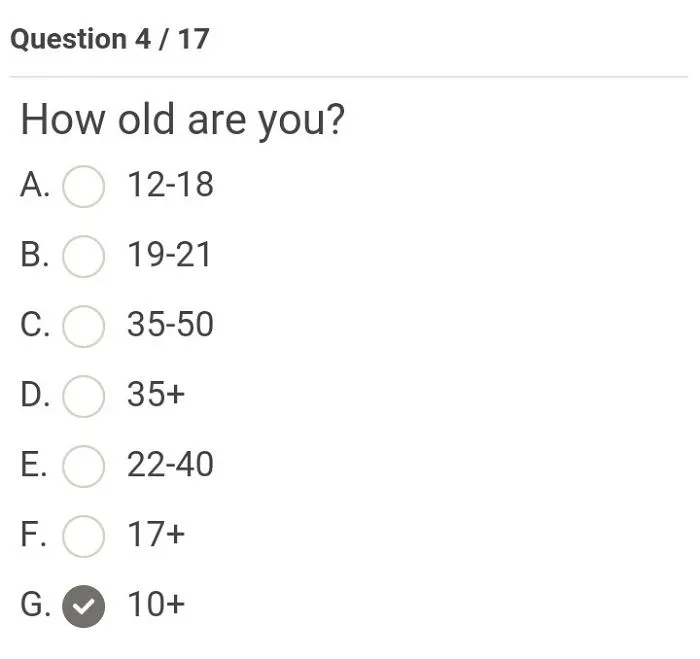 Age question design fail with overlapping age ranges and confusing options.
