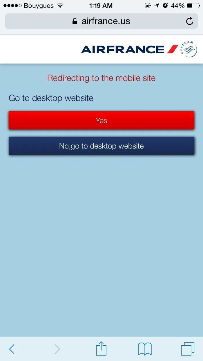 Confusing website redirect options, a classic design fail with unclear choices for mobile or desktop site.