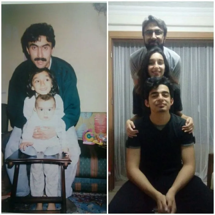 Siblings hilariously recreate childhood photo with three stacked family members