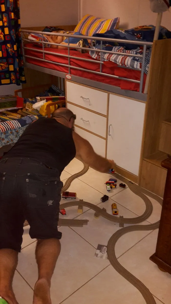 Husband Plays With Trains Whilst Our 5 Year Old Sleeps!