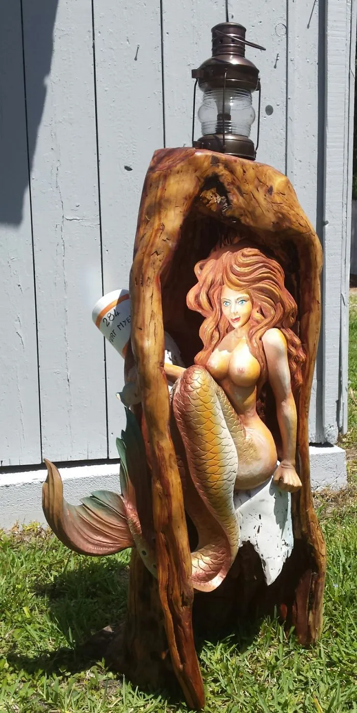 Carved Mermaid Cedar Log Lamp