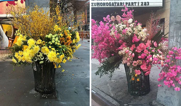 ¿Arte o crimen? Alguien está transformando los cubos de basura de Nueva York en gigantes floreros
