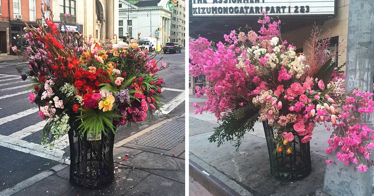 ¿Arte o crimen? Alguien está transformando los cubos de basura de Nueva York en gigantes floreros