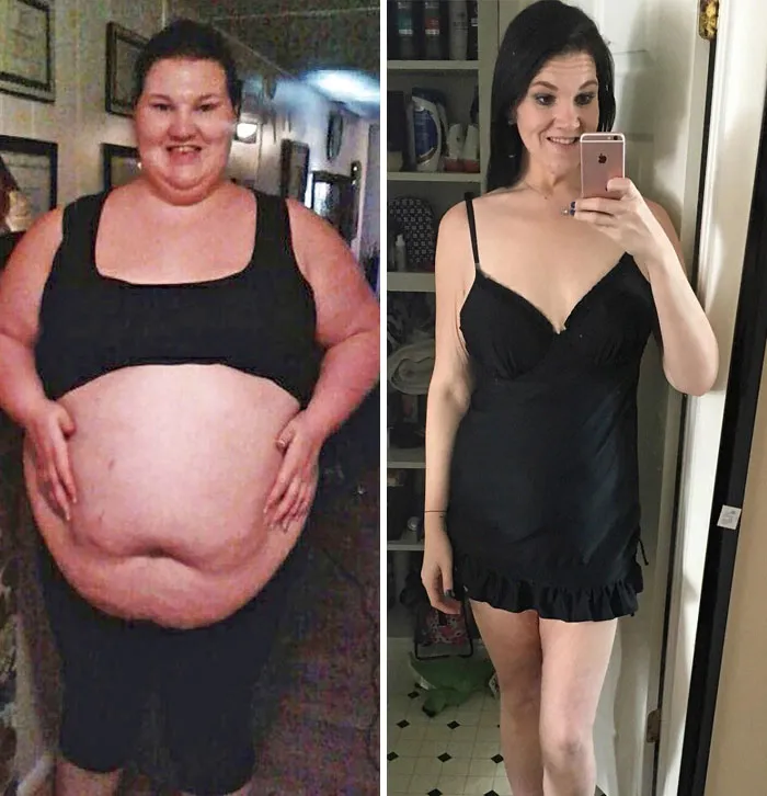 Before-and-after weight loss transformation of a woman showing incredible body change and fitness progress.