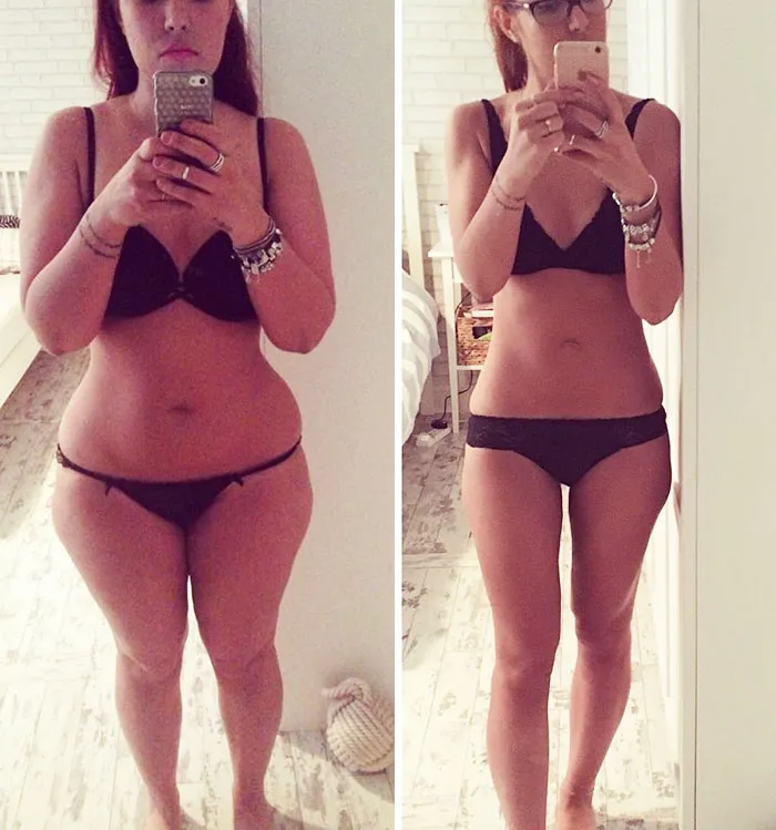Side-by-side before-and-after weight loss pics of a woman showing remarkable body transformation and fitness progress.