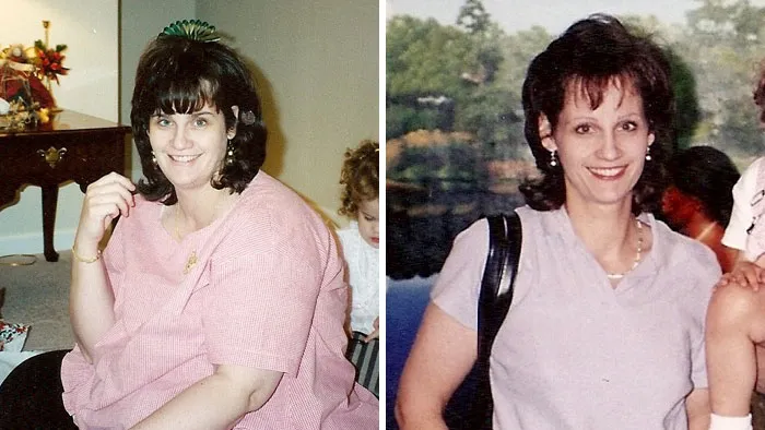Before and after weight loss photos showing the same woman’s dramatic transformation and incredible weight loss results.