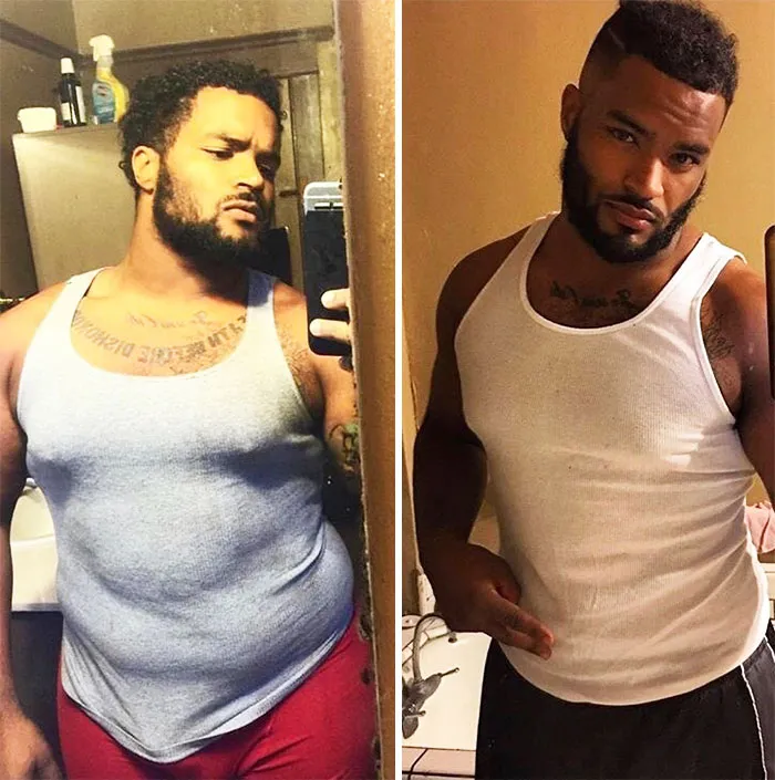 Side-by-side before and after weight loss pics of a man showing incredible transformation and fitness progress.