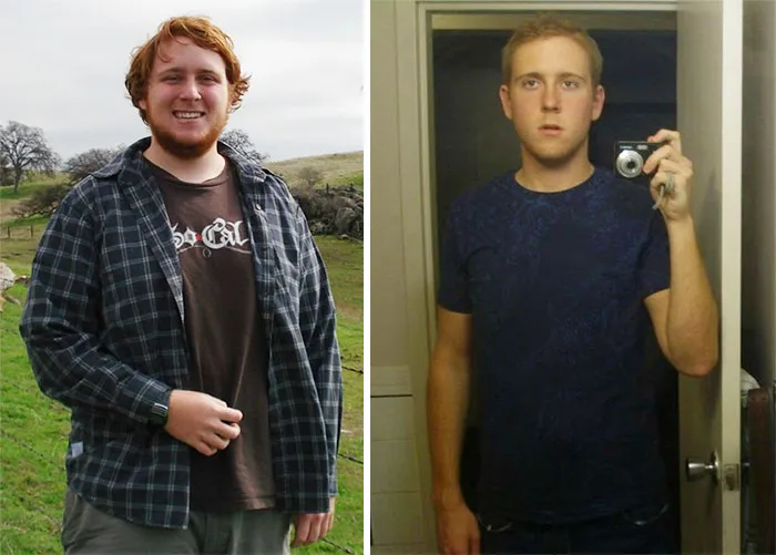 Before-and-after weight loss transformation of a young man showing significant physical change and slimmer physique.