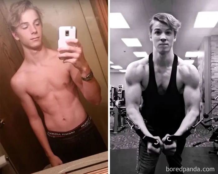 "Shirtless young man before and after impressive fitness transformation, showing muscle growth and definition."