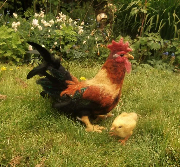 Needle Felt Cockerel And Chick Handmade By Moonbrush Wood Studios