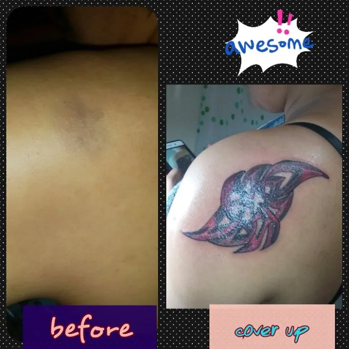 Tattoo cover-up transforming a shoulder scar into artwork, before and after comparison.