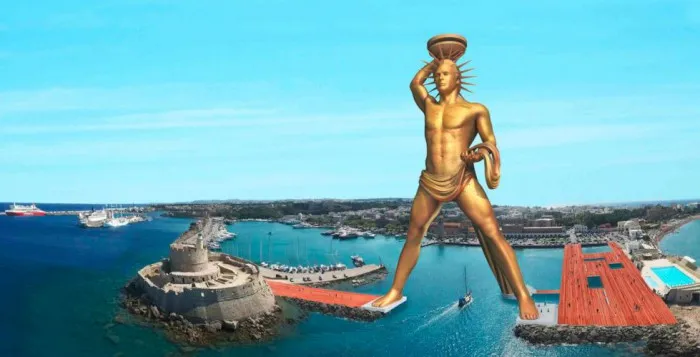 Golden statue towering over a coastal cityscape, symbolizing transformation and artistry.