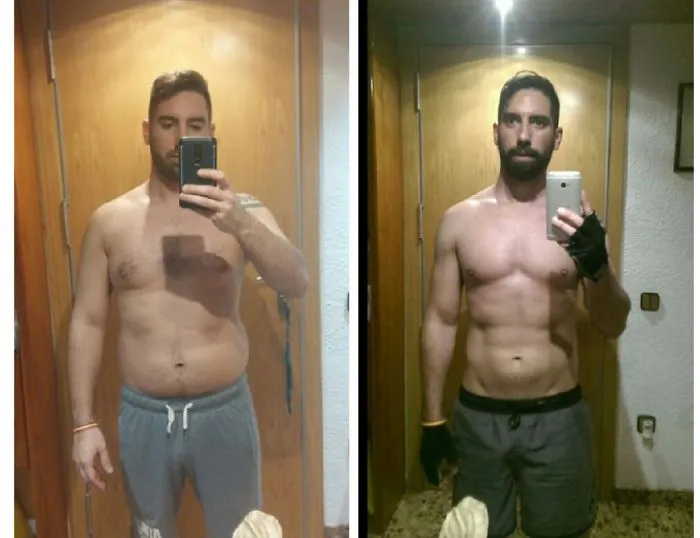 Before and after fitness transformation showing weight loss and muscle gain progress.