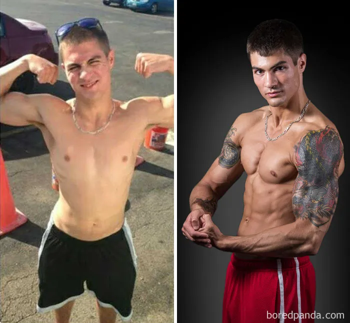 Before and after fitness transformation showing muscle gain and tattoos.