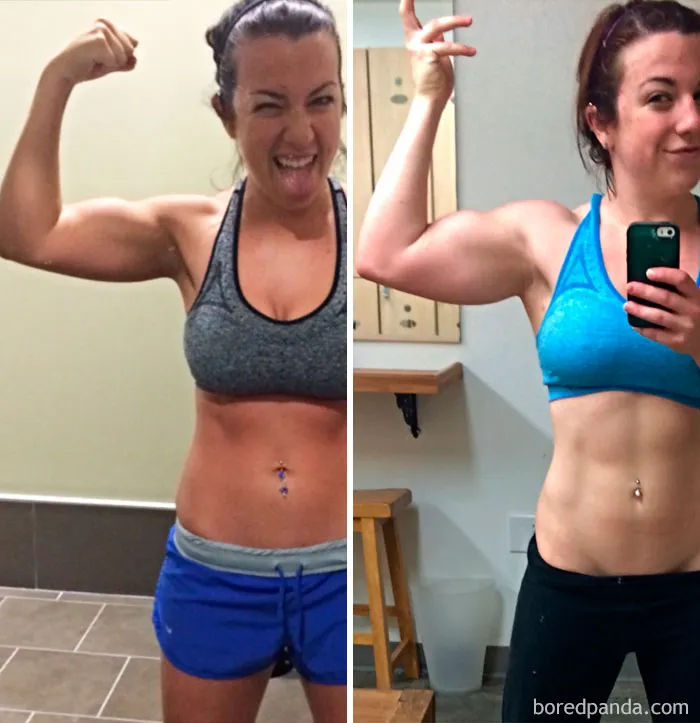 Before and after fitness transformation of a woman flexing her arm muscles in a gym setting.