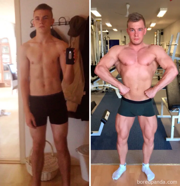 Before and after fitness transformation showing body shape change over time.