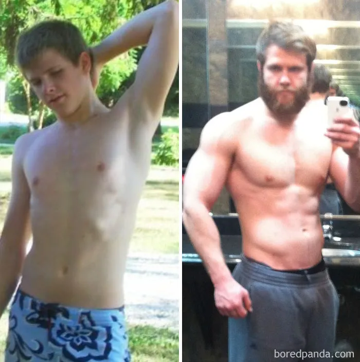 Before and after fitness transformation showing a man's physique improvement over time.