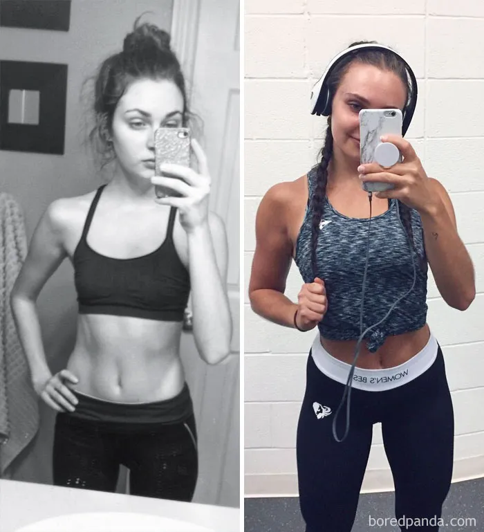 Before and after fitness transformation, woman showing strength in workout attire.