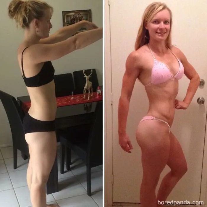 Before and after fitness transformation showing a woman’s progress over time in improving her physique.