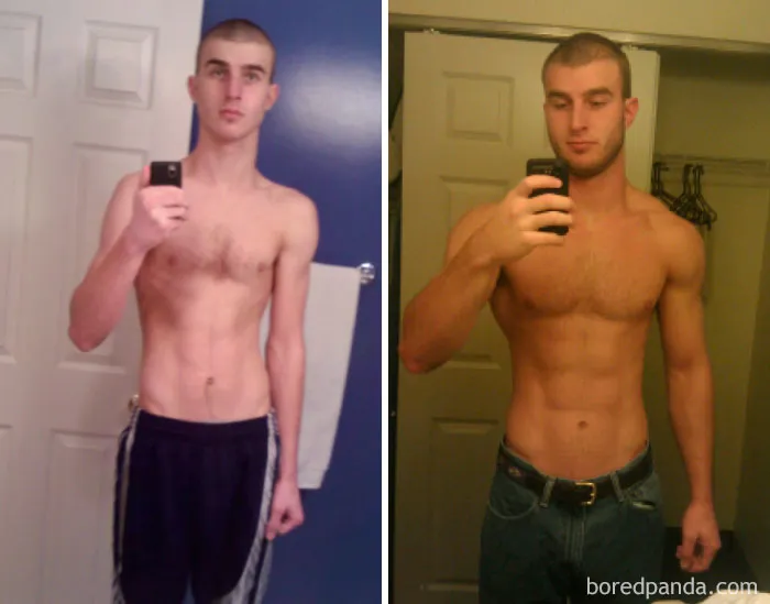 Before and after fitness transformation showing a man's progress in getting in shape over time.