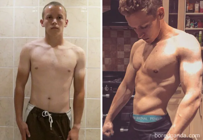Before and after fitness transformation showing impressive body changes over time.