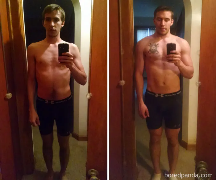 Before and after fitness transformation showing a man's muscle growth in front of a mirror.