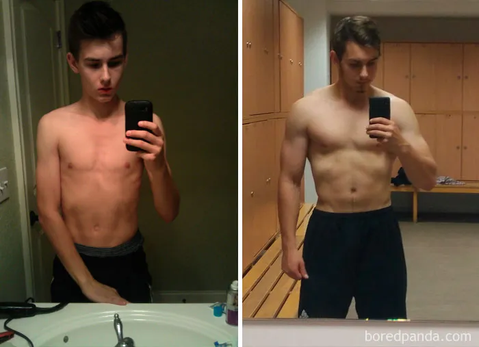 Before and after fitness transformation showing muscle gain over time, with a mirror selfie in a locker room.