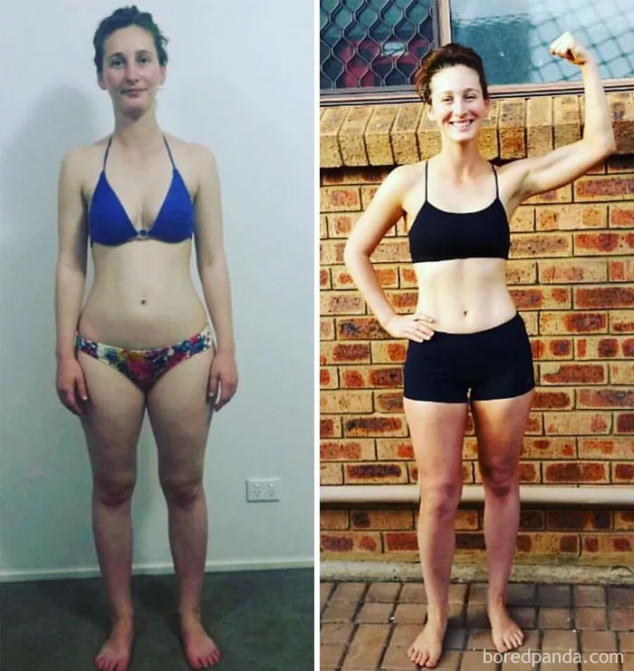 Before and after fitness transformation of a woman, showing significant body shape changes over time.