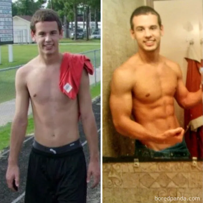 Before and after photo showing fitness transformations and progress in muscle definition.