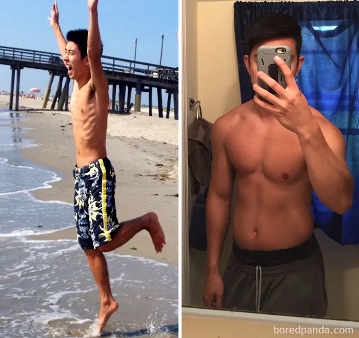Shirtless man showing fitness transformation with a side-by-side before and after image.