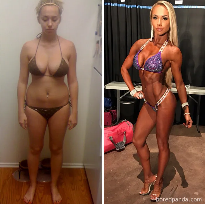 Before and after fitness transformation showing dramatic body change and muscle definition.