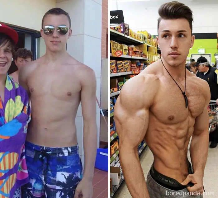 Before and after fitness transformation of a man showing muscle gain and physical change over time.