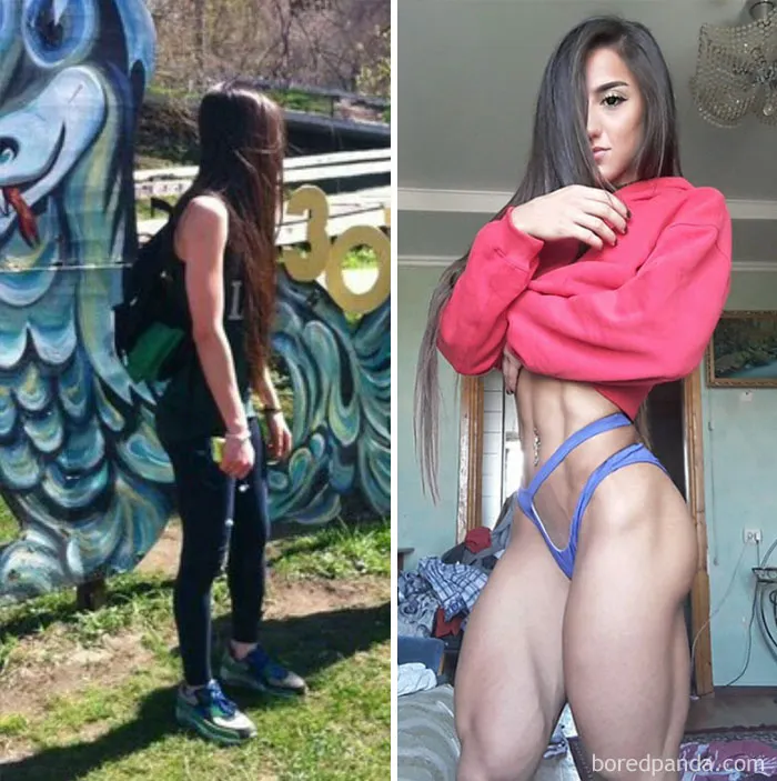 Before and after fitness transformation showing long-term progress of a woman getting in shape.