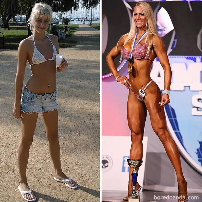 Before and after fitness transformation of a woman showing significant muscle growth and bodybuilding results.