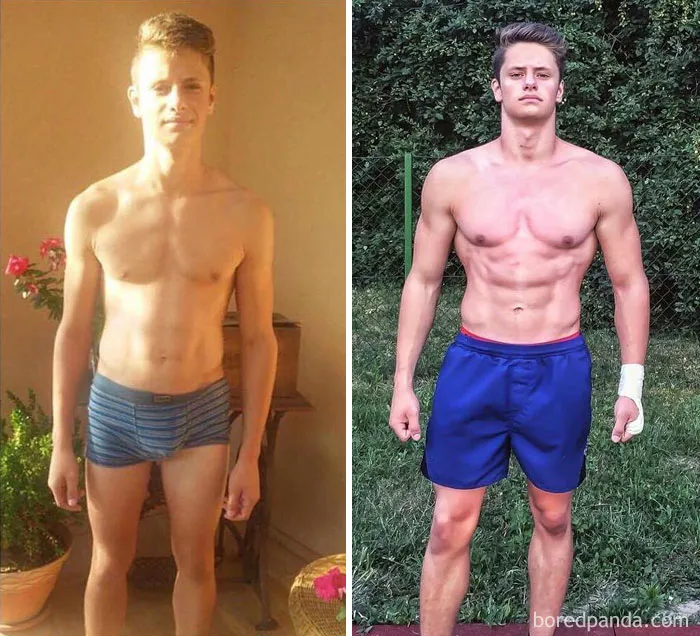 Before and after fitness transformation showing a significant physique improvement over time.