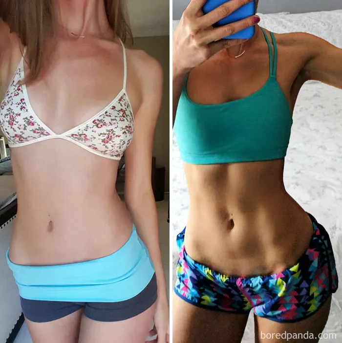 Before and after fitness transformation of a woman getting in shape, showing toned abs and improved physique.