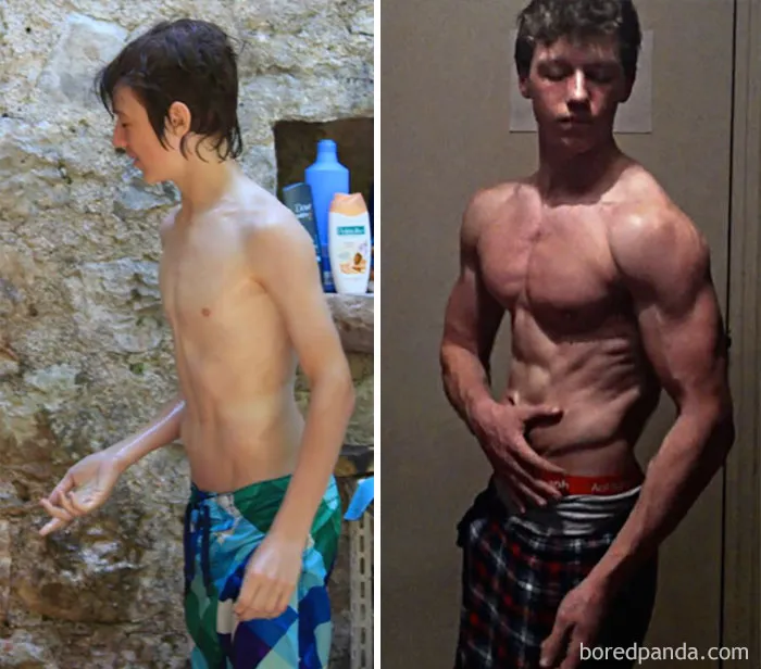 Before and after fitness transformation showing muscle growth over time.