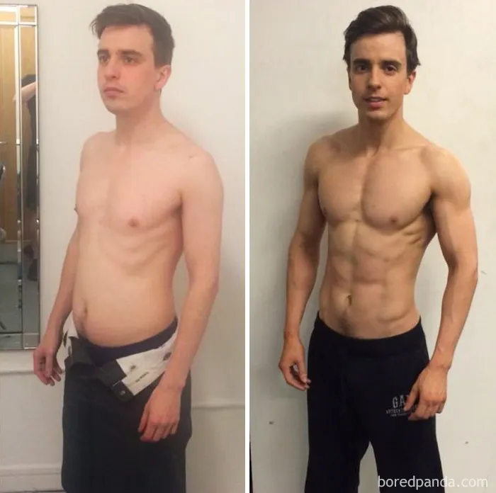 "Before and after fitness transformation of a man showing significant muscle gain."