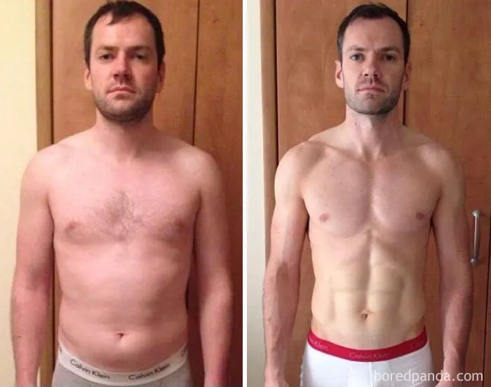 Before and after fitness transformation of a man showcasing muscle gain and body fat loss.