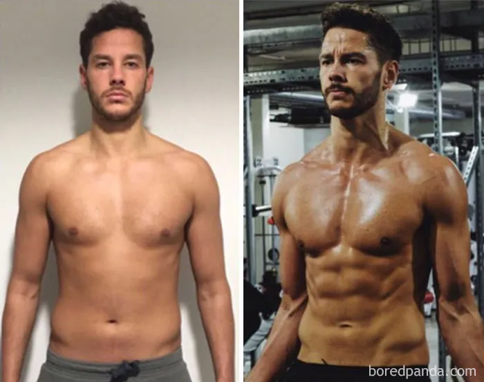 Before and after fitness transformation showcasing dramatic muscle growth and definition.