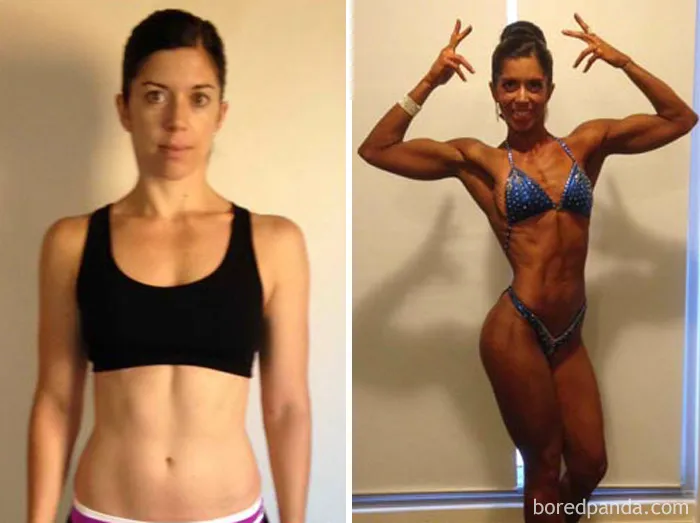 Before and after fitness transformation highlighting muscle gain and body sculpting over time.