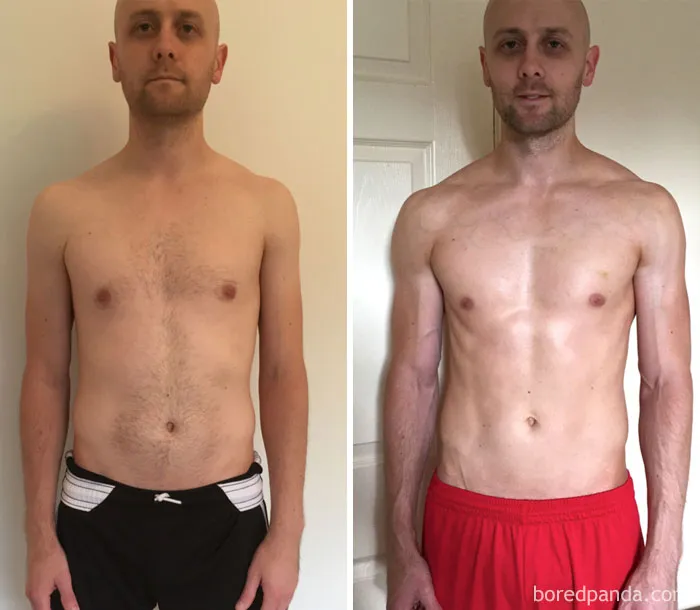 Man's fitness transformation before and after, showing muscle gain over time.