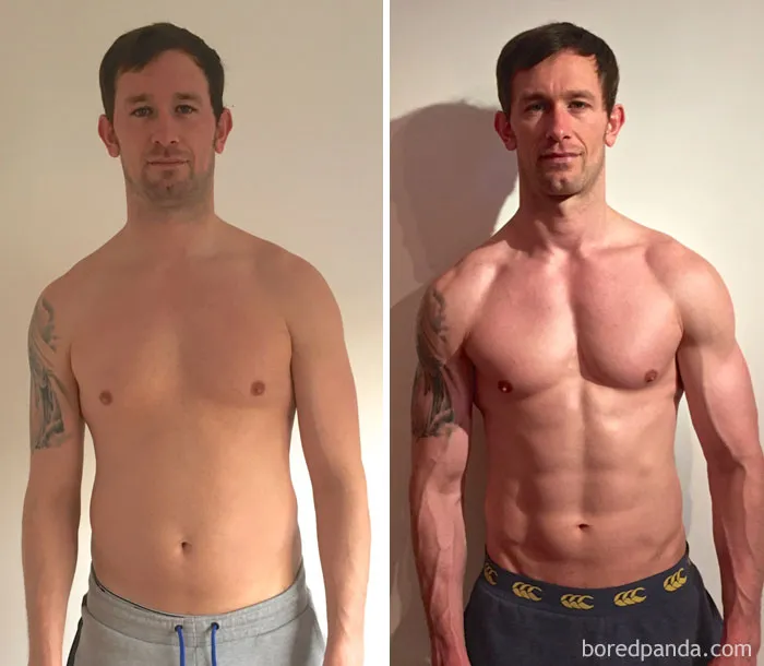 Before and after fitness transformation, showing significant muscle gain and fat loss results.