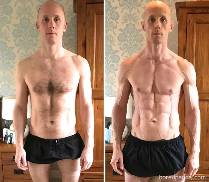 Before and after fitness transformation showing muscle growth and body definition changes.