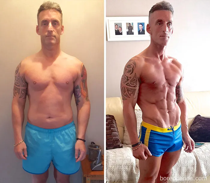 Man's fitness transformation before and after in blue shorts, showcasing remarkable body changes and muscle definition.