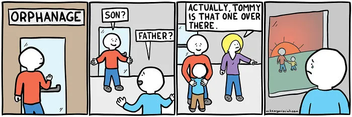 Comics with father  meeting the wrong son at the orpahanage 